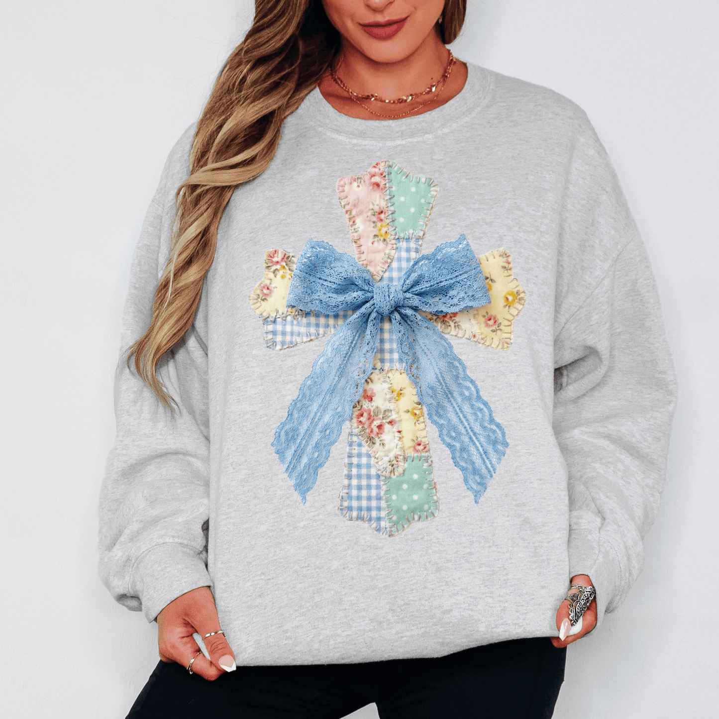 Blue Lace Cross Faux Patchwork Pullover