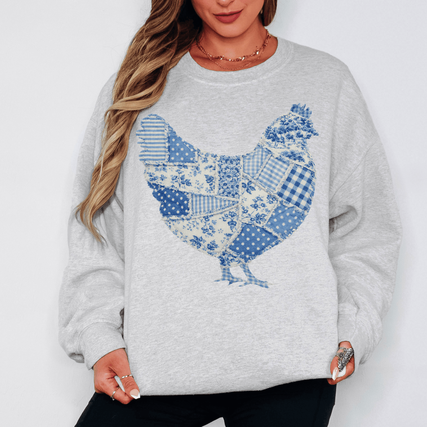 Blue / White Vintage Hen Faux Patchwork Pullover