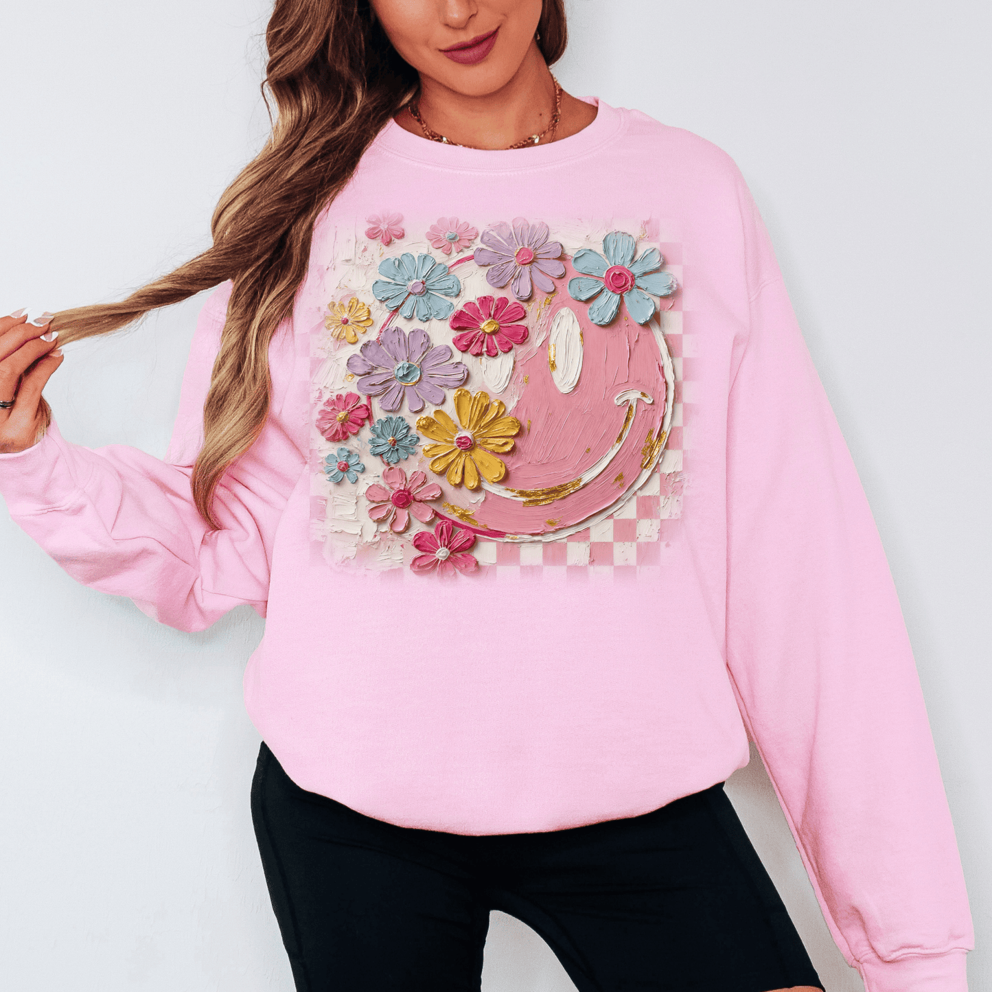Floral Smiley Faux Oil Paint Pullover