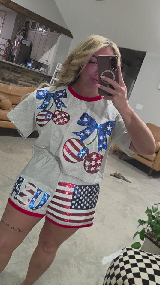 Star Spangled SC Sparkle Exclusive Custom Two Piece Embroidered Sequin Short Set with Pockets - Arrival EARLY to Mid May to you